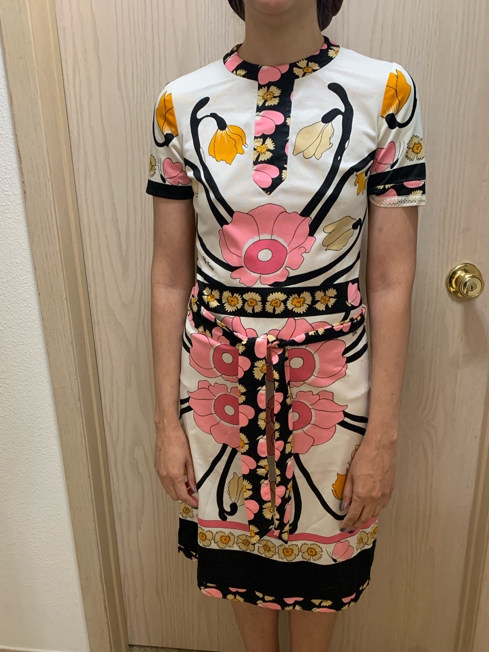 Vintage Oleg Cassini White Midi Dress with Pink and brown Floral Print